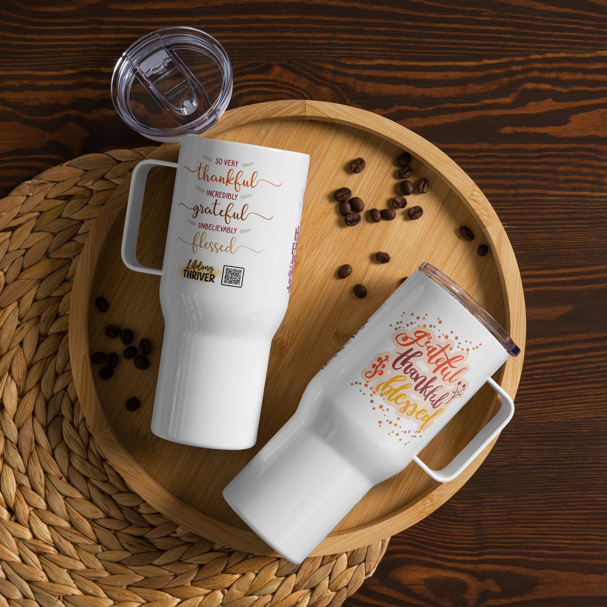 "Grateful, Thankful, Blessed!" Travel Mug with Handle